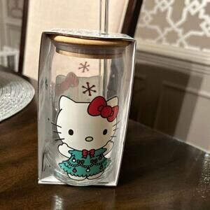 Hello Kitty christmas glass tumbler with bamboo lid 16oz